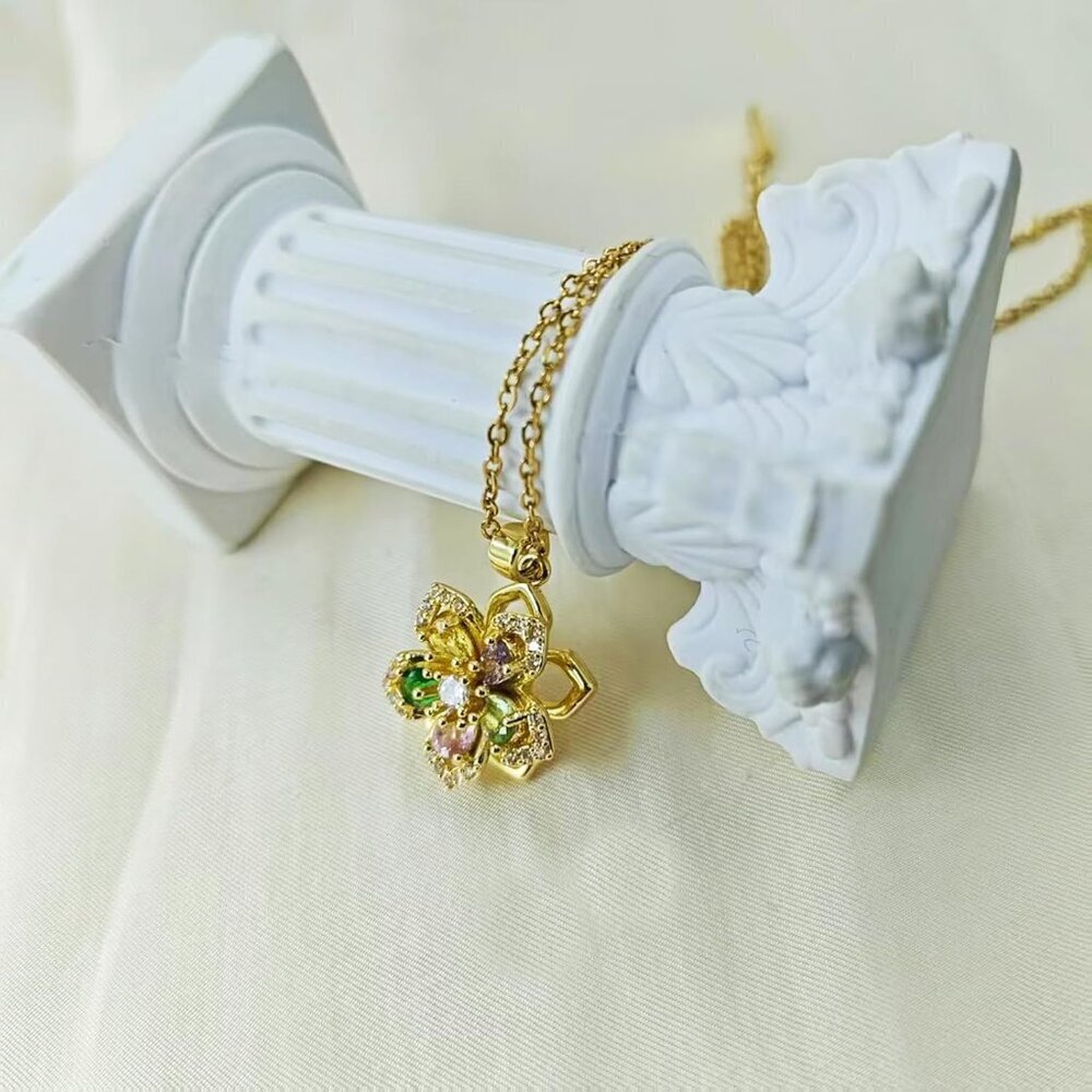 Women Gold Flower Fidget Colorful Necklace Rotatable Crystal Blossom Pendant - Picture 5 of 7